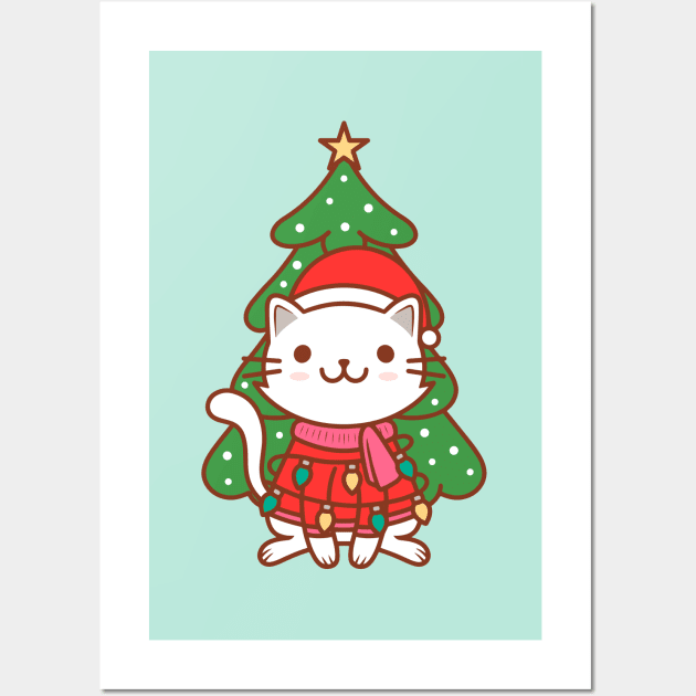 Cute Christmas Cat Kawaii Illustration Wall Art by Alundrart